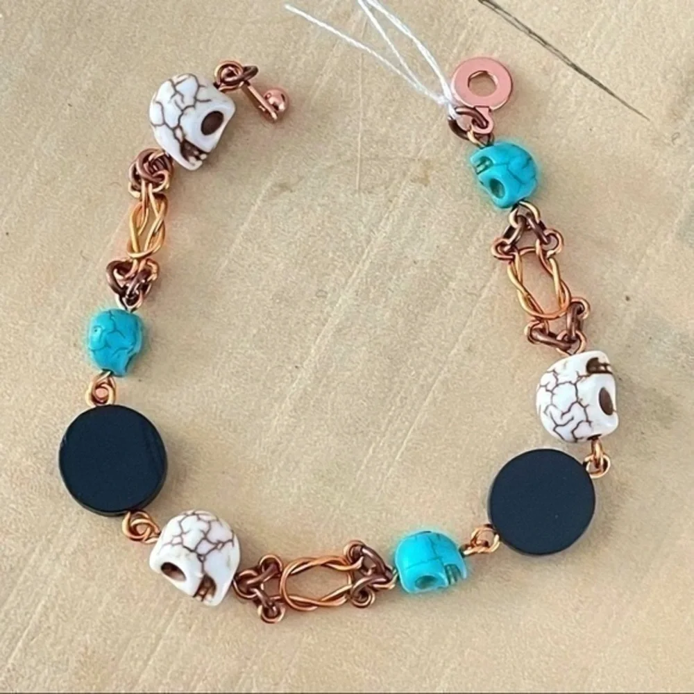 $49 SALE Hand Turned Copper Link & Magnesite Skull Bracelet 7.5” Southwest Gift